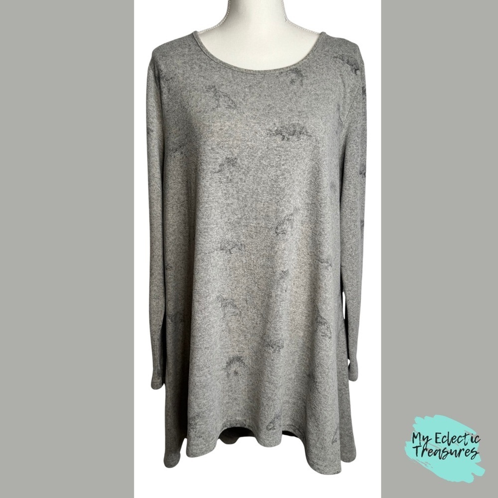 La Vie Lente Dinosaur Print Tunic Dress High Low Hem Long Sleeve 3XL